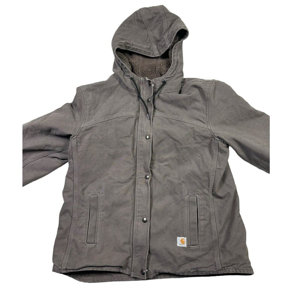 Womens M Carhartt Jacket Chore Coat Barn Berkley Sherpa Lined Gray Hooded